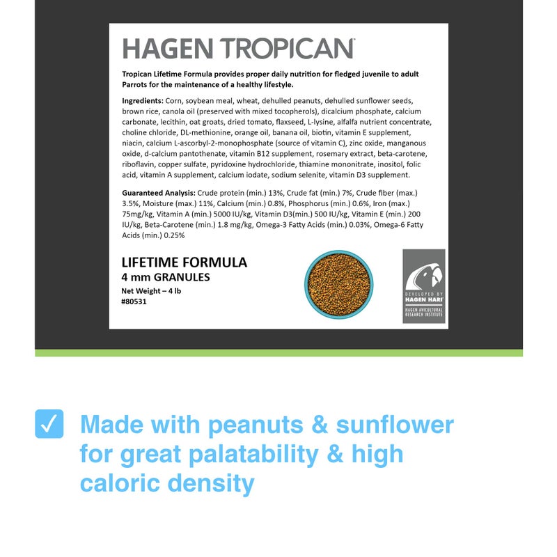 Hari Hagen Tropican Lifetime Formula Parrot Food, 4 lb Parrot Food with Peanuts & Sunflower Seeds and Balance Nutrition Levels - Image 2